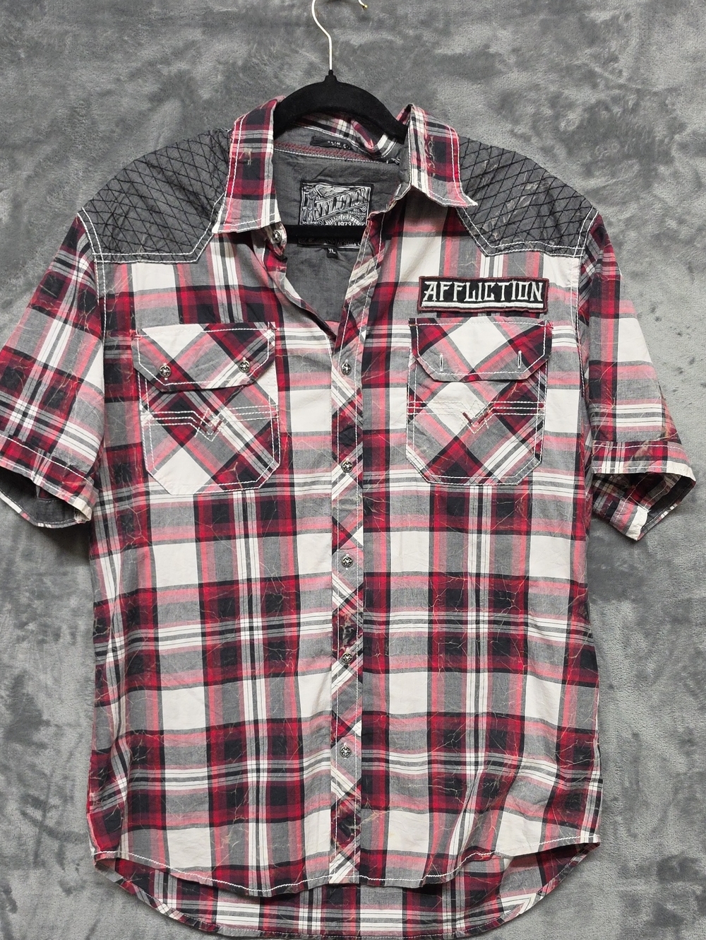 Affliction Red Black White Plaid Short-Sleeve Button-Down Shirt sz XL